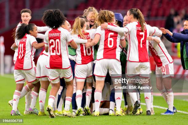 Jonna van de Velde of AFC Ajax celebrates after scoring her teams second goal, Lily Yohannes of AFC Ajax, Ashleigh Weerden of AFC Ajax, Milicia...