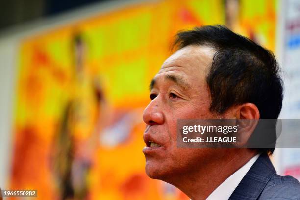 Head coach Shinji Kobayashi of Shimizu S-Pulse speaks at the post match press conference after the J.League J1 match between Shimizu S-Pulse and...