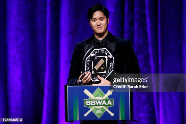 Major League Baseball player Shohei Ohtani of Japan speaks to the crowd after receiving the American League Most Valuable Player award during the...