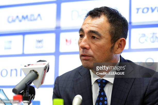 Head coach Kenta Hasegawa of Gamba Osaka speaks at the post match press conference after the J.League J1 match between Gamba Osaka and Omiya Ardija...