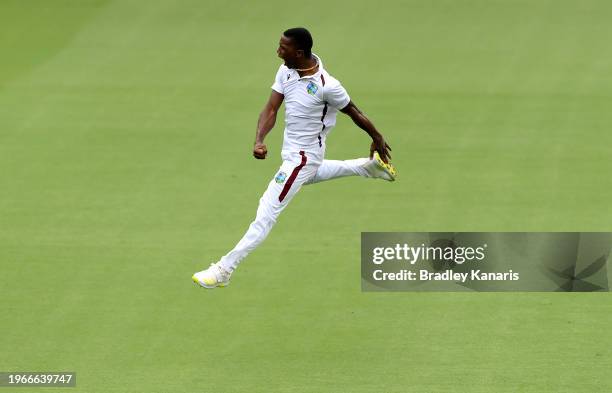 Shamar Joseph of the West Indies celebrates taking the wicket of Mitchell Marsh of Australia during day four of the Second Test match in the series...