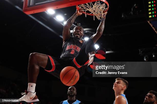 Gary Clark of the Hawks slam dunks during the round 17 NBL match between Illawarra Hawks and New Zealand Breakers at WIN Entertainment Centre, on...