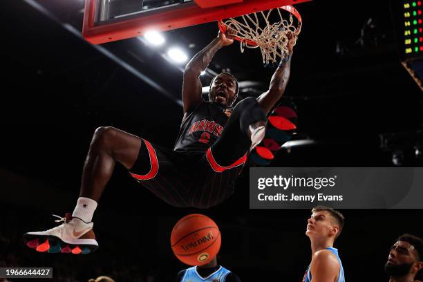 Gary Clark of the Hawks slam dunks during the round 17 NBL match between Illawarra Hawks and New Zealand Breakers at WIN Entertainment Centre, on...