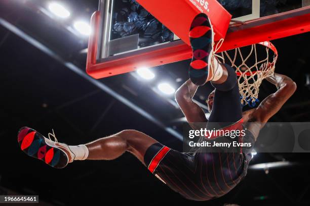 Gary Clark of the Hawks slam dunks during the round 17 NBL match between Illawarra Hawks and New Zealand Breakers at WIN Entertainment Centre, on...