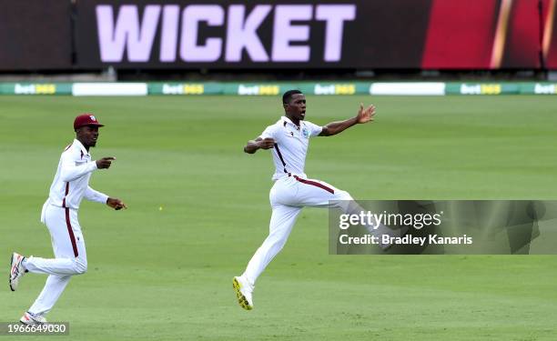 Shamar Joseph of the West Indies celebrates taking the wicket of Alex Carey of Australia during day four of the Second Test match in the series...