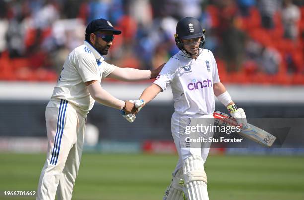 England batsman Ollie Pope is congratulated by India captain Rohit Sharma after being bowled for by 196 runs by Jasprit Bumrah during day four of the...