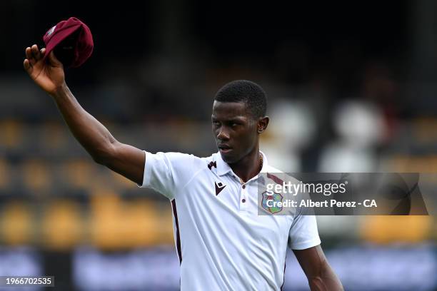 Shamar Joseph of West Indies salutes the crowd after completing his hat-trick during day four of the Second Test match in the series between...
