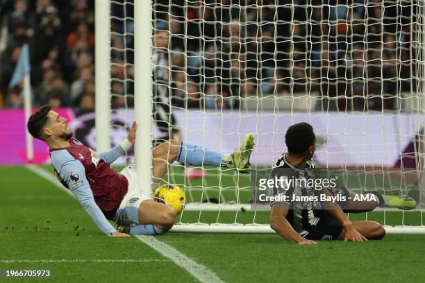 Alex Moreno of Aston Villa collides with the post as he scores an own goal to make it 0-3 during the Premier League match between Aston Villa and...