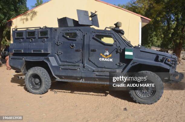 Nigrian armoured police vehicle is seen in Damasak on January 20, 2024.