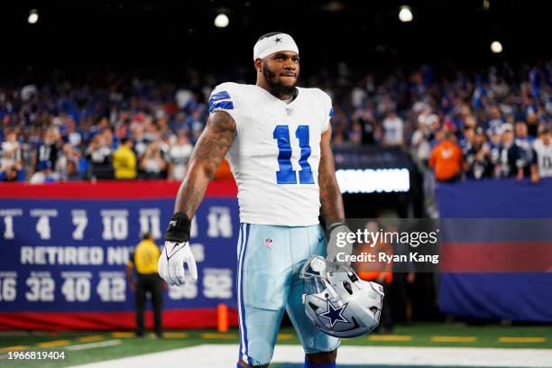 Micah Parsons of the Dallas Cowboys looks on during pregame warmups prior to an NFL football game against the New York Giants at MetLife Stadium on...