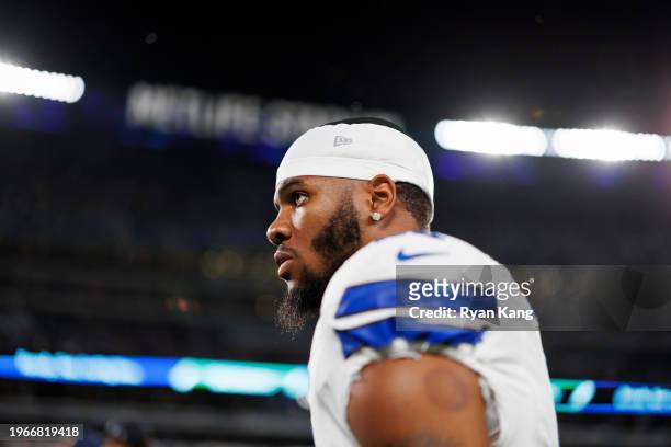 Micah Parsons of the Dallas Cowboys looks on during pregame warmups prior to an NFL football game against the New York Giants at MetLife Stadium on...