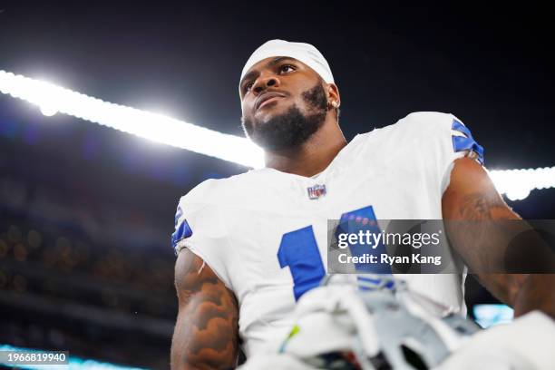 Micah Parsons of the Dallas Cowboys looks on during pregame warmups prior to an NFL football game against the New York Giants at MetLife Stadium on...