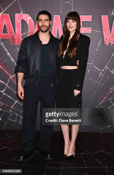 Tahar Rahim and Clementine Linieres attend the "Madame Web" photocall at Claridge's Hotel on January 31, 2024 in London, England.