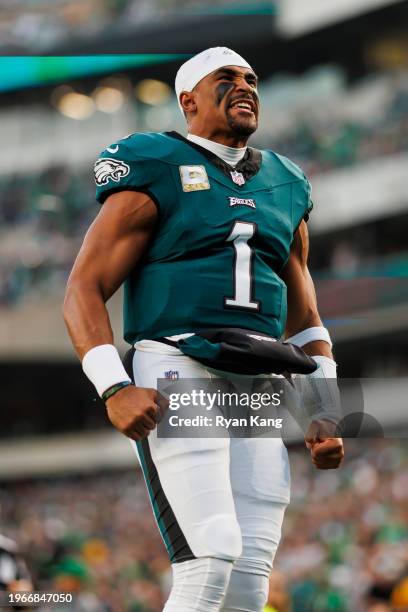 Jalen Hurts of the Philadelphia Eagles yells and celebrates before an NFL football game against the Dallas Cowboys at Lincoln Financial Field on...