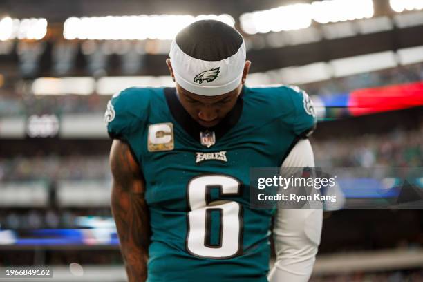 DeVonta Smith of the Philadelphia Eagles looks on from the sideline before an NFL football game against the Dallas Cowboys at Lincoln Financial Field...