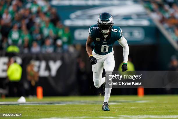 DeVonta Smith of the Philadelphia Eagles runs a route during an NFL football game against the Dallas Cowboys at Lincoln Financial Field on November...