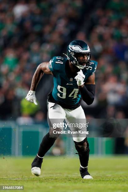 Josh Sweat of the Philadelphia Eagles runs around the edge during an NFL football game against the Dallas Cowboys at Lincoln Financial Field on...