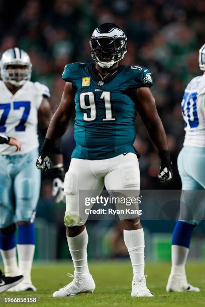 Fletcher Cox of the Philadelphia Eagles celebrates after a sack during an NFL football game against the Dallas Cowboys at Lincoln Financial Field on...