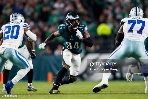 Josh Sweat of the Philadelphia Eagles runs around the edge during an NFL football game against the Dallas Cowboys at Lincoln Financial Field on...