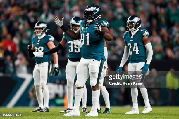 Fletcher Cox of the Philadelphia Eagles celebrates during an NFL football game against the Dallas Cowboys at Lincoln Financial Field on November 5,...