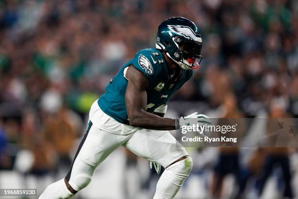 Brown of the Philadelphia Eagles runs a route during an NFL football game against the Dallas Cowboys at Lincoln Financial Field on November 5, 2023...