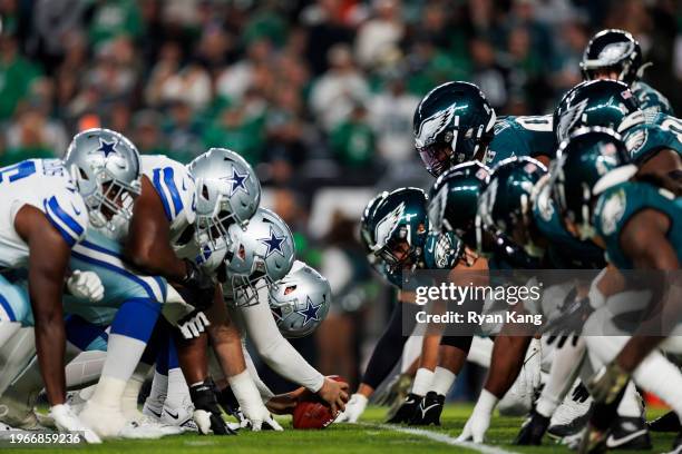 The Dallas Cowboys offense gets set at the line of scrimmage prior to the snap against the Philadelphia Eagles defense during an NFL football game at...