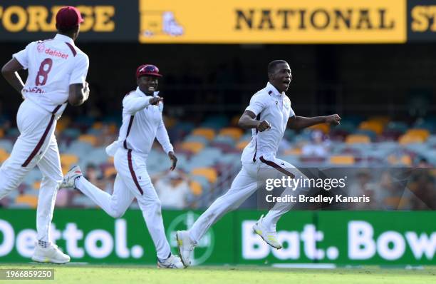 Shamar Joseph of the West Indies celebrates victory after taking the wicket of Josh Hazlewood of Australia during day four of the Second Test match...