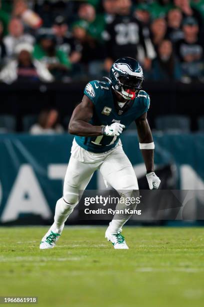 Brown of the Philadelphia Eagles runs a route during an NFL football game against the Dallas Cowboys at Lincoln Financial Field on November 5, 2023...