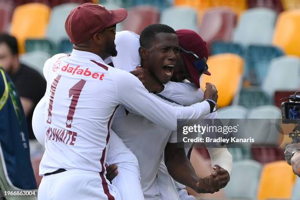 Shamar Joseph of the West Indies celebrates victory after taking the wicket of Josh Hazlewood of Australia during day four of the Second Test match...