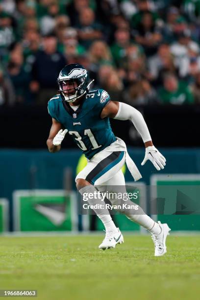 Kevin Byard of the Philadelphia Eagles defends in coverage during an NFL football game against the Dallas Cowboys at Lincoln Financial Field on...