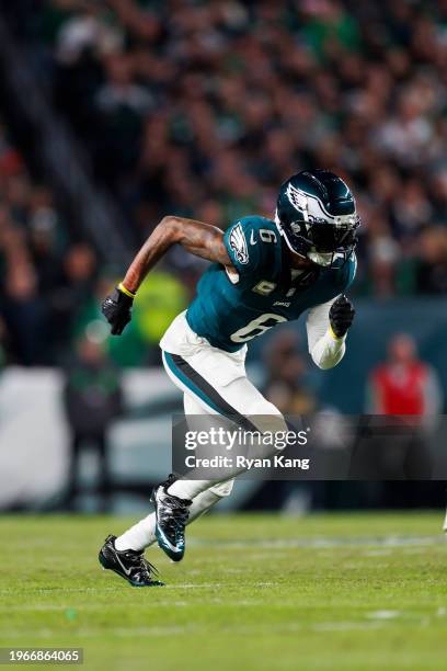 DeVonta Smith of the Philadelphia Eagles runs a route during an NFL football game against the Dallas Cowboys at Lincoln Financial Field on November...