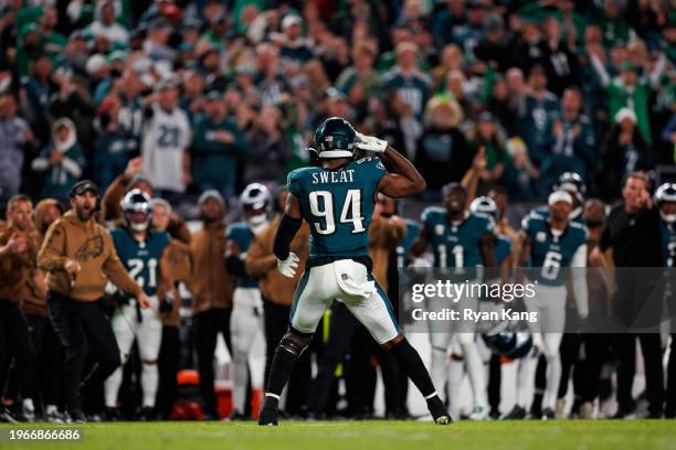 Josh Sweat of the Philadelphia Eagles celebrates after a play during an NFL football game against the Dallas Cowboys at Lincoln Financial Field on...