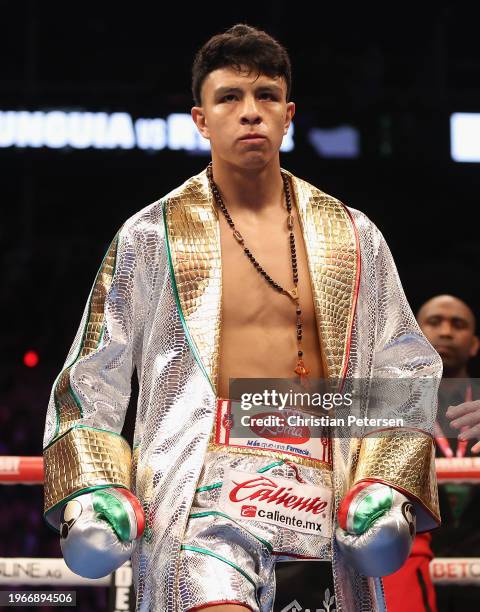 Jaime Munguia of Mexico is introduced to the WBC silver super middleweight title fight against John Ryder of Great Britain at Footprint Center on...