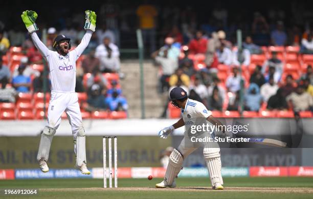 India batsman Rohit Sharma is out lbw to Tom Hartley as Ben Foakes appeals during day four of the 1st Test Match between India and England at Rajiv...