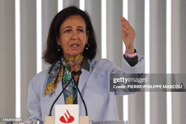Spanish Santander Bank executive chairperson Ana Botin addresses a press conference to present the company's 2023 results, in Boadilla del Monte,...