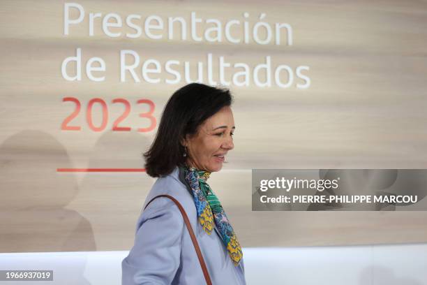 Spanish Santander Bank executive chairperson Ana Botin arrives for a press conference to present the company's 2023 results, in Boadilla del Monte,...