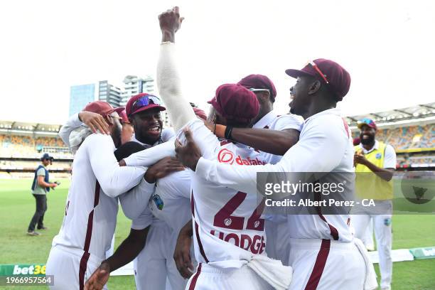 West Indies celebrate the victory during day four of the Second Test match in the series between Australia and West Indies at The Gabba on January...
