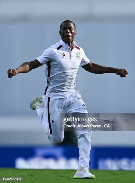 Shamar Joseph of West Indies celebrates dismissing Josh Hazlewood of Australia and winning the match for West Indies during day four of the Second...