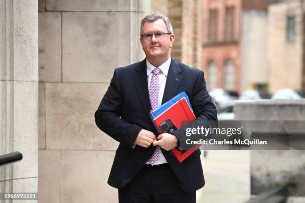 Democratic Unionist Party leader Sir Jeffrey Donaldson arrives at Broadcasting House, the headquarters of BBC Northern Ireland on January 31, 2024 in...