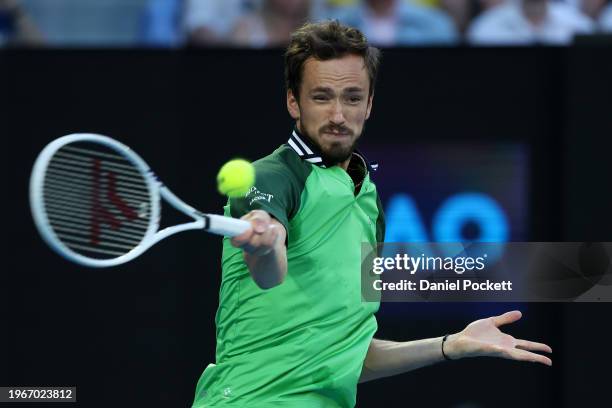 Daniil Medvedev plays a forehand during their Men's Singles Final match against Jannik Sinner of Italy during the 2024 Australian Open at Melbourne...