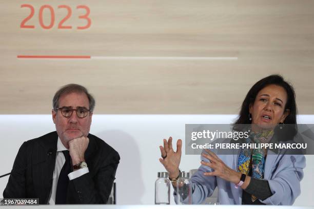 Spanish Santander Bank CEO Hector Grisi and Spanish Santander Bank executive chairperson Ana Botin address a press conference to present the...