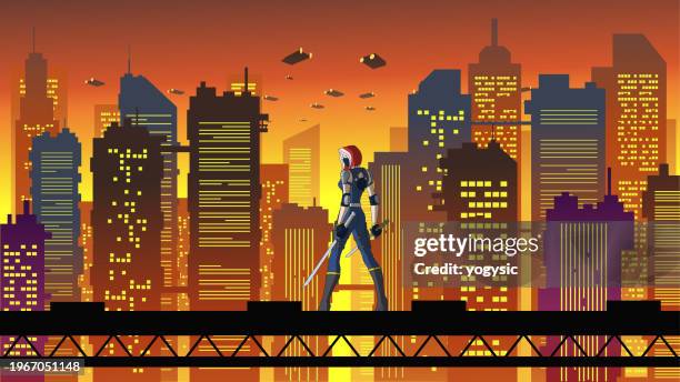 vector rear view female anime cyberpunk mercenary with city skyline background vector illustration - visor digital 幅插畫檔、美工圖案、卡通及圖標