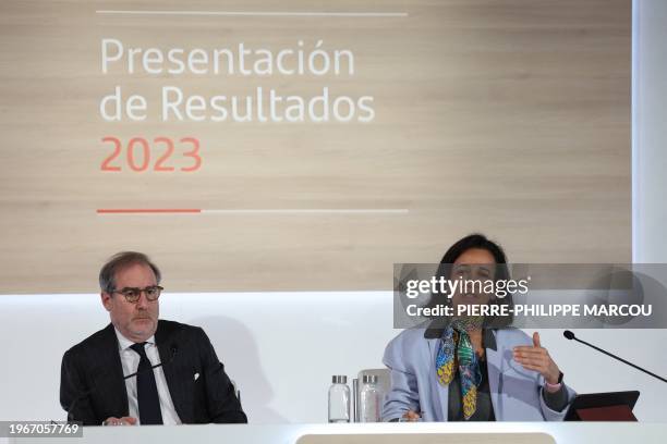 Spanish Santander Bank CEO Hector Grisi and Spanish Santander Bank executive chairperson Ana Botin address a press conference to present the...