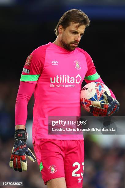 Tim Krul of Luton Town looks on during the Emirates FA Cup Fourth Round match between Everton and Luton Town at Goodison Park on January 27, 2024 in...