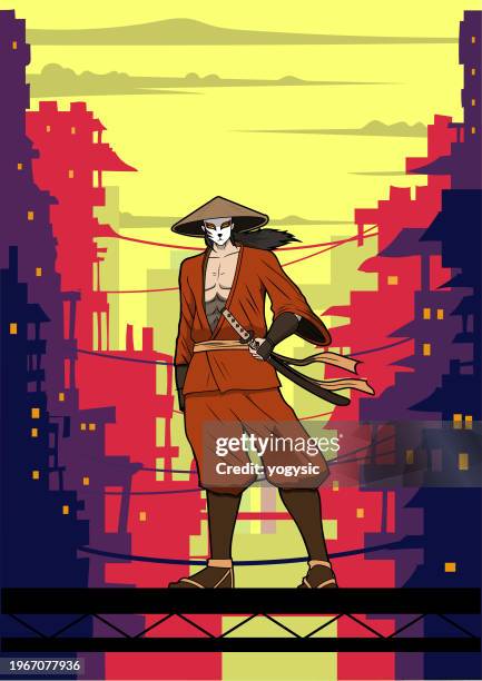 vector anime samurai in a future slum area cyberpunk city vector illustration - anime stock illustrations