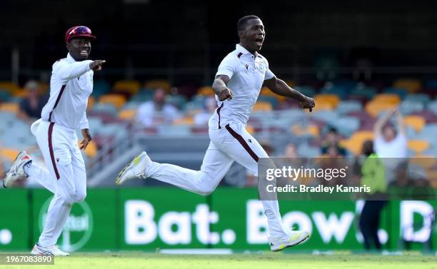 Shamar Joseph of the West Indies celebrates victory after taking the wicket of Josh Hazlewood of Australia during day four of the Second Test match...