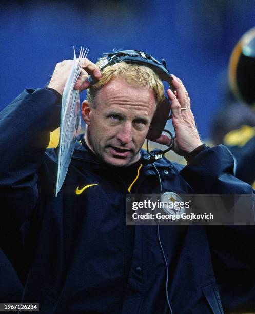 Defensive coordinator Jim Haslett of the Pittsburgh Steelers looks on from the sideline during a game against the Jacksonville Jaguars at Three...