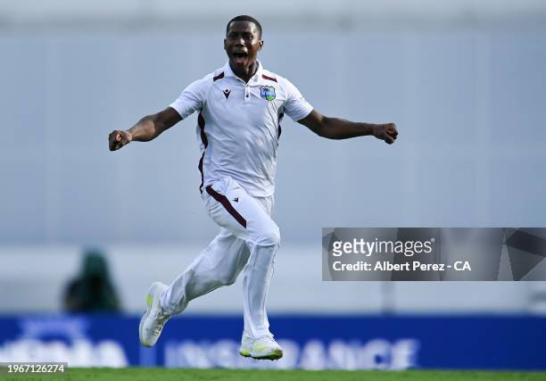 Shamar Joseph of West Indies celebrates dismissing Josh Hazlewood of Australia and winning the match for West Indies during day four of the Second...
