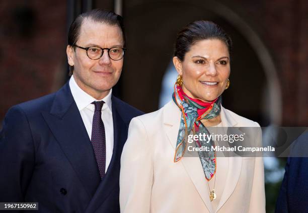 Crown Princess Victoria of Sweden and Prince Daniel of Sweden attend a business forum at Stockholm City Hall on January 31, 2024 in Stockholm, Sweden.