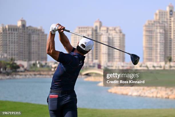 Thorbjorn Olesen of Denmark tees off on the 10th hole during Day Four of the Ras Al Khaimah Championship at Al Hamra Golf Club on January 28, 2024 in...